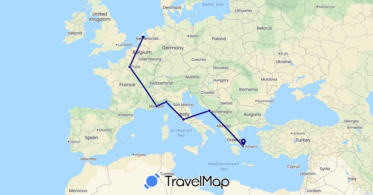 TravelMap itinerary: driving in France, Greece, Croatia, Italy, Monaco, Netherlands (Europe)